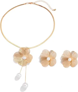 Gold Flower Jewelry Set for Women Statement Flower Earrings Necklace Set Gold Necklace and Earrings Set Large Flower Earrings Necklace for Women
