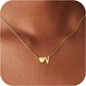 Gold Heart Initial Necklaces for Women Girls - 18K Gold Plated Heart Initial Pendant Necklace Dainty Heart Necklace Tiny Gold Initial Necklace for Women Girls Jewelry Gifts