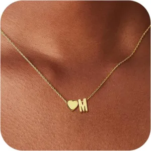 Gold Heart Initial Necklaces for Women Girls - 18K Gold Plated Heart Initial Pendant Necklace Dainty Heart Necklace Tiny Gold Initial Necklace for Women Girls Jewelry Gifts