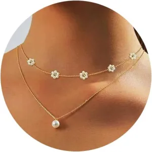 Gold Pearl Necklaces Set for Women Dainty Layered Cute Daisy Pearl Choker Simple Flower Layered Necklace Trendy Gold Jewelry Gifts for Women