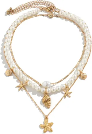 Gold Seashell Necklace for Women Multi Layered Beach Inspired for Women Conch Shell Pendant Necklace With Starfish Design Summer Vocation Beach Jewelry