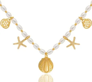 Gold Seashell Necklace for Women Multi Layered Beach Inspired for Women Conch Shell Pendant Necklace With Starfish Design Summer Vocation Beach Jewelry