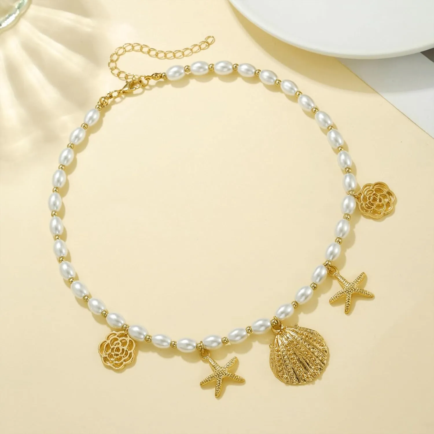 Gold Seashell Necklace for Women Multi Layered Beach Inspired for Women Conch Shell Pendant Necklace With Starfish Design Summer Vocation Beach Jewelry