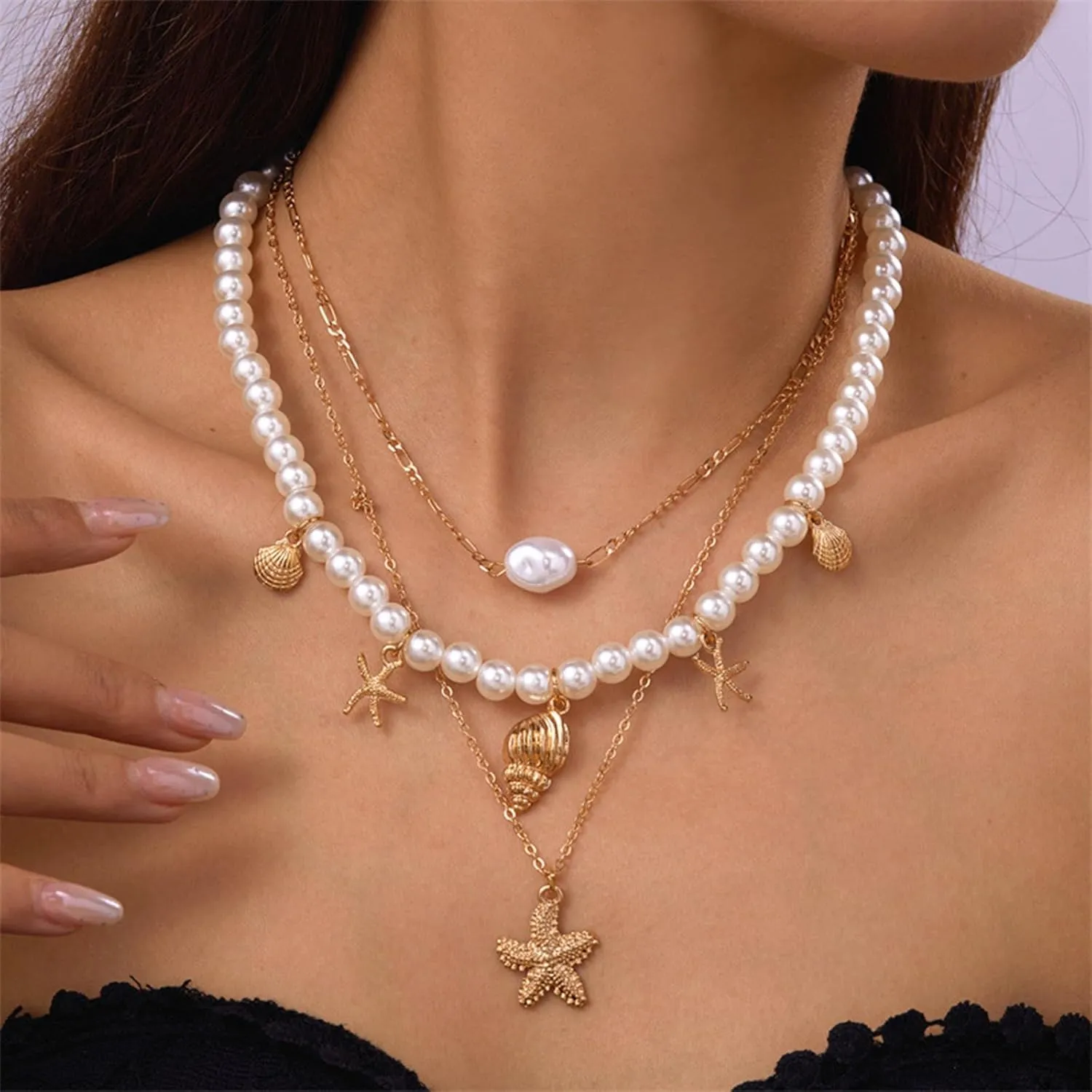 Gold Seashell Necklace for Women Multi Layered Beach Inspired for Women Conch Shell Pendant Necklace With Starfish Design Summer Vocation Beach Jewelry