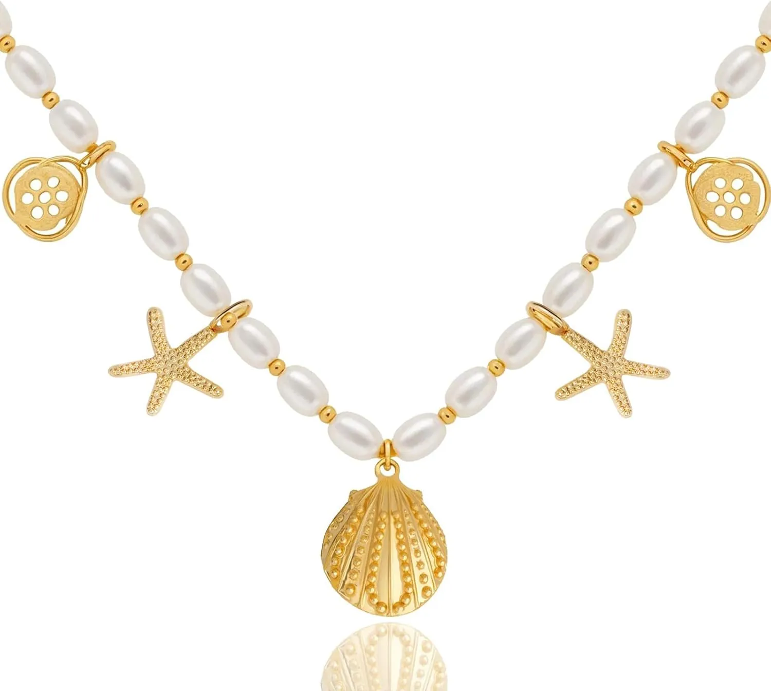 Gold Seashell Necklace for Women Multi Layered Beach Inspired for Women Conch Shell Pendant Necklace With Starfish Design Summer Vocation Beach Jewelry