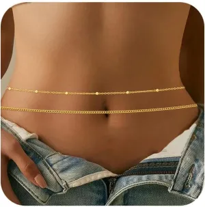 Gold Waist Chains for Women, Dainty Layered Belly Chain 14k Gold Plated Adjustable Waist Beads Body Chain Sexy Bikini Cuban Paperclip Waist Boho Beach Jewelry Gifts for Women