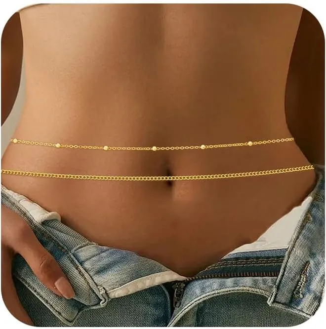 Gold Waist Chains for Women, Dainty Layered Belly Chain 14k Gold Plated Adjustable Waist Beads Body Chain Sexy Bikini Cuban Paperclip Waist Boho Beach Jewelry Gifts for Women