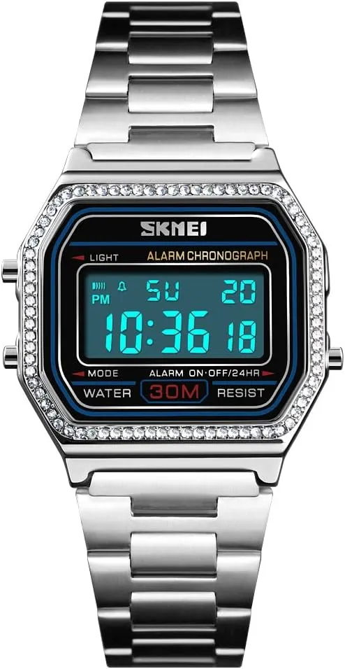 Gosasa Classic Unisex Women's Men's Digital Multifunction Stainless Steel Band Square Waterproof Watch (Silver)