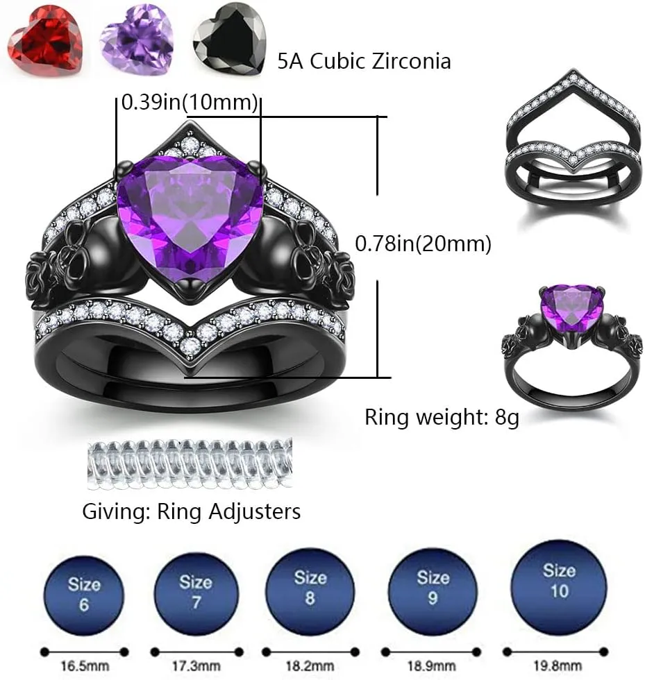 Gothic Skull Engagement Ring Sets Promise Eternity Band Rings Cubic Zirconia Wedding Anniversary Promise Rings Bridal Cocktail Party Biker Jewelry
