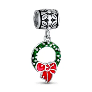 Green Wreath Christmas Charm Bead with Red Bow Enamel Sterling Silver for Bracelets
