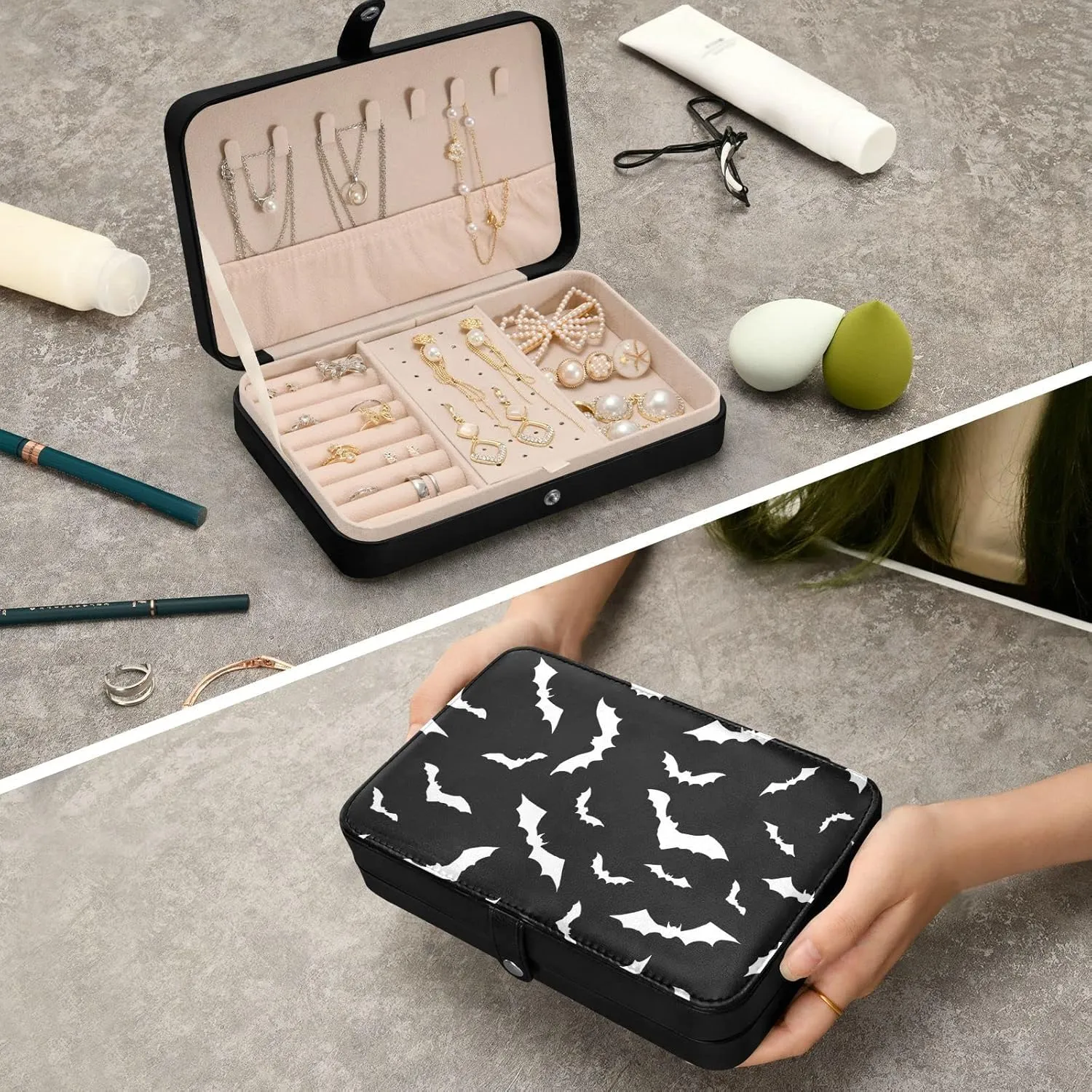 Halloween Bats Jewelry Box for Women Girls, PU Leather Jewelry Travel Organizer, Portable Small Jewelry Case, Personalized Jewelry Storage Holder for Ring Earrings Necklace Bracelet boxes