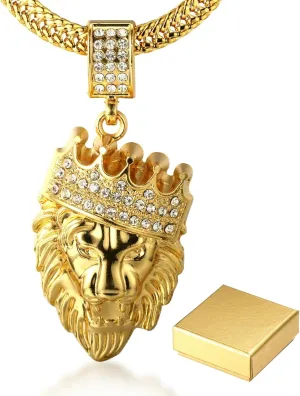 Halukakah 18k Real Gold Plated/Platinum White Gold Finish Chain for Men Necklace Iced Out Crown Lion Pendant Lab Diamonds Prong Set with Sharktail/Tennis/Cuban Chain,with Giftbox