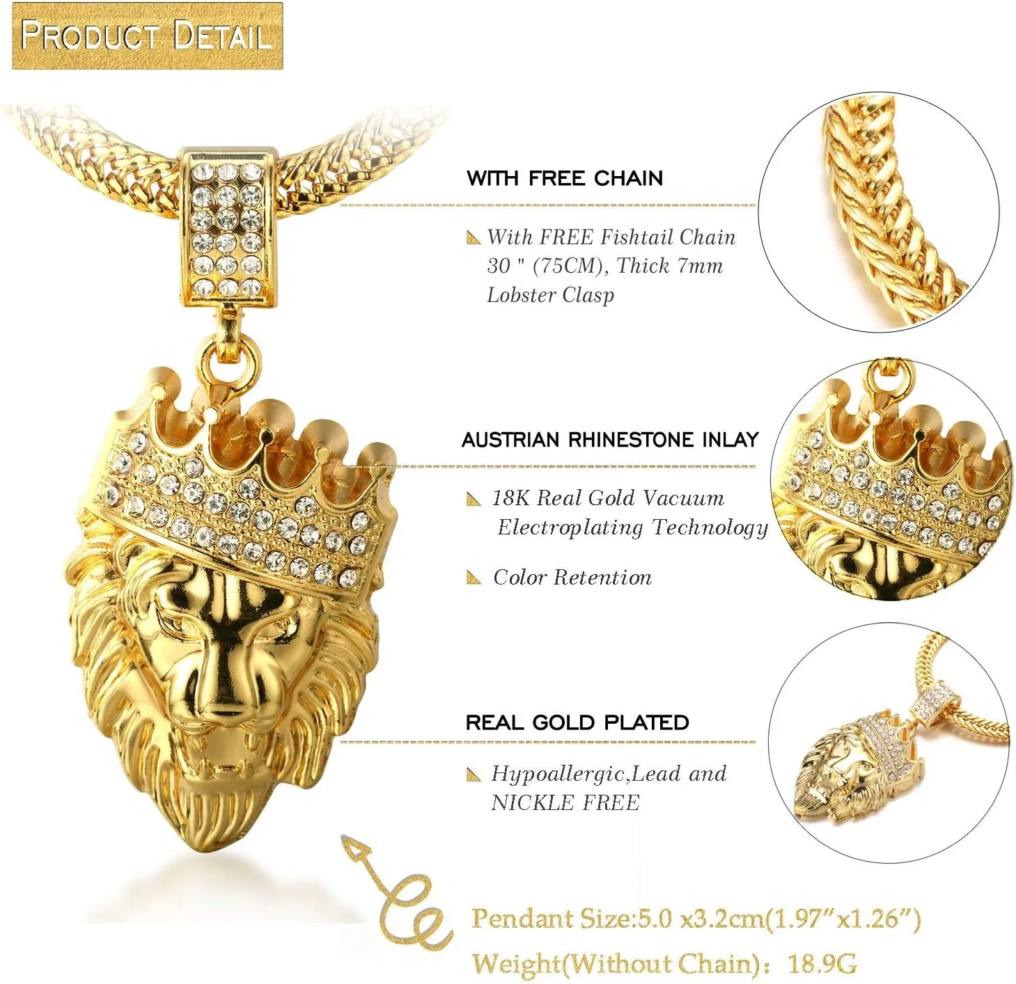 Halukakah 18k Real Gold Plated/Platinum White Gold Finish Chain for Men Necklace Iced Out Crown Lion Pendant Lab Diamonds Prong Set with Sharktail/Tennis/Cuban Chain,with Giftbox