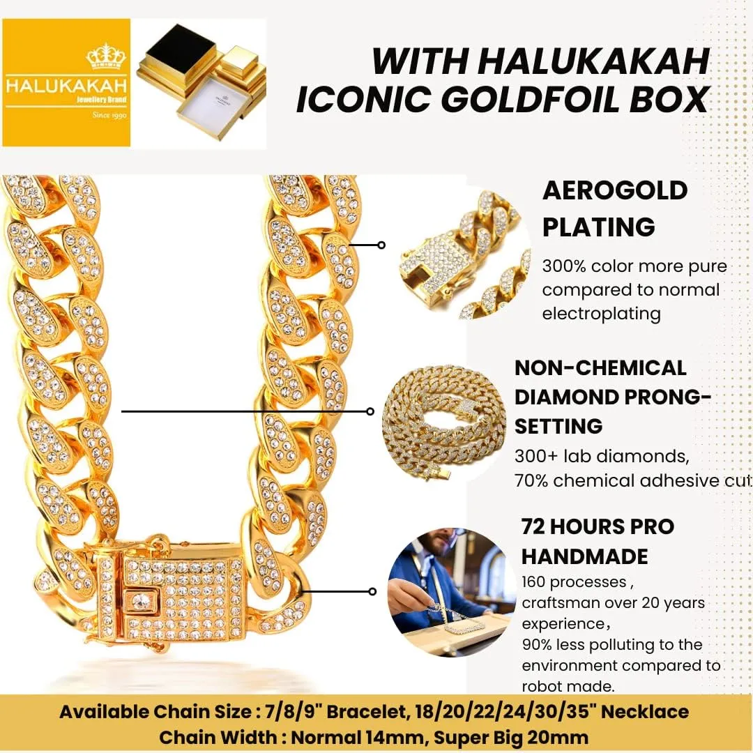 Halukakah Gold Chain for Men - The Royal - Iced Out 14/20MM Gold/Platinum White/Rose Gold/Rhodium Black Cuban Link Chain Necklace Bracelet Full Cz Diamond Cut Prong Set,Great Present Idea