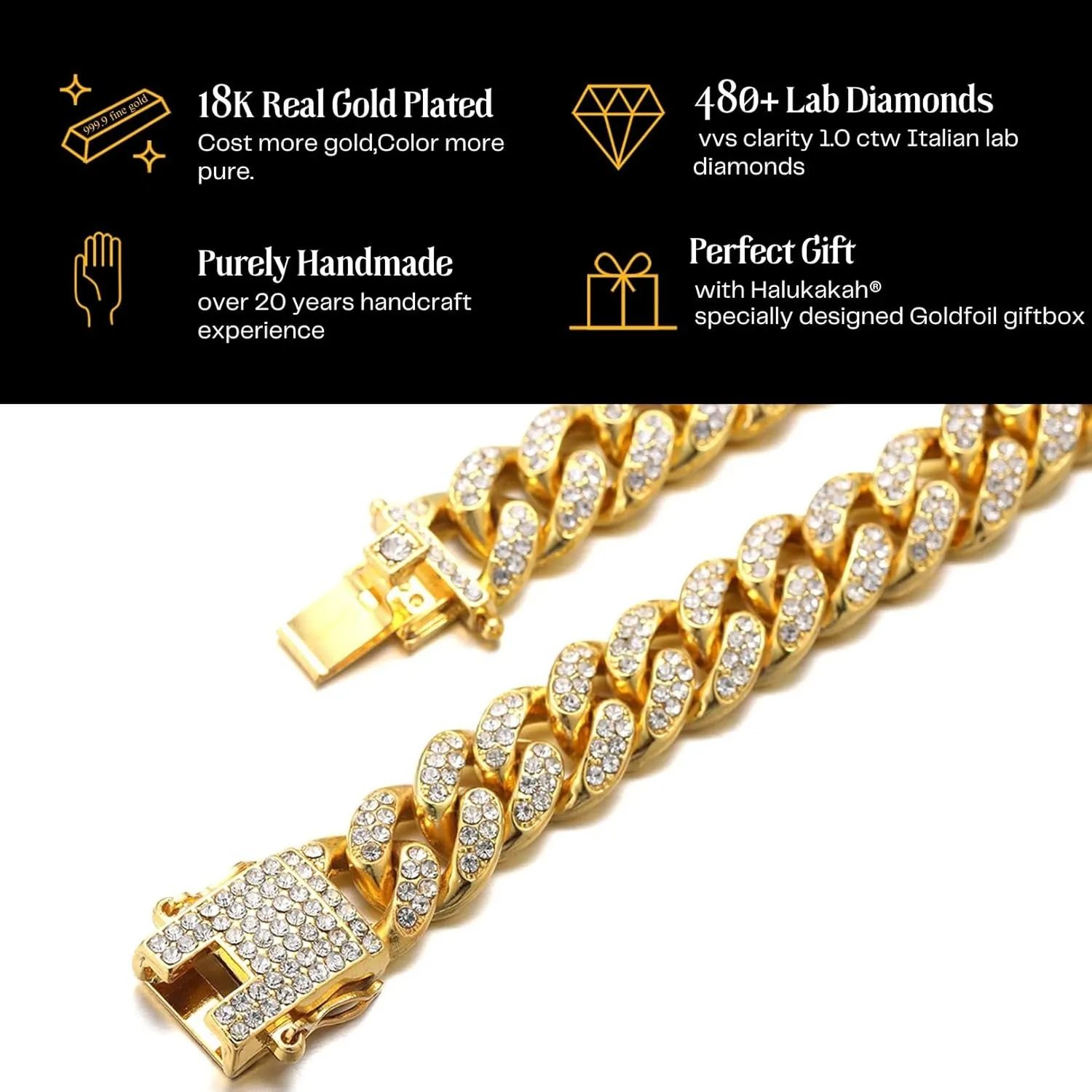 Halukakah Gold Chain for Men - The Royal - Iced Out 14/20MM Gold/Platinum White/Rose Gold/Rhodium Black Cuban Link Chain Necklace Bracelet Full Cz Diamond Cut Prong Set,Great Present Idea