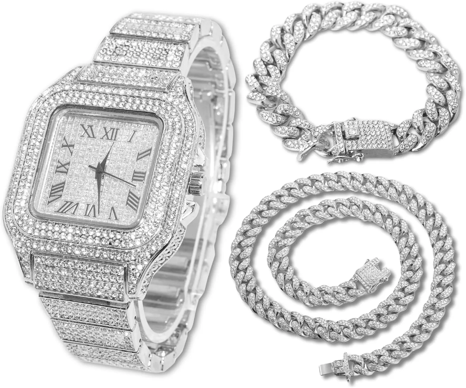 Halukakah Mens Watch - The King - 18K Gold/Platinum Plated, 40MM Square Dial, Iced Out Wristband, with Cuban Link Chain Necklace and Bracelet Set Optional, Comes in Giftbox