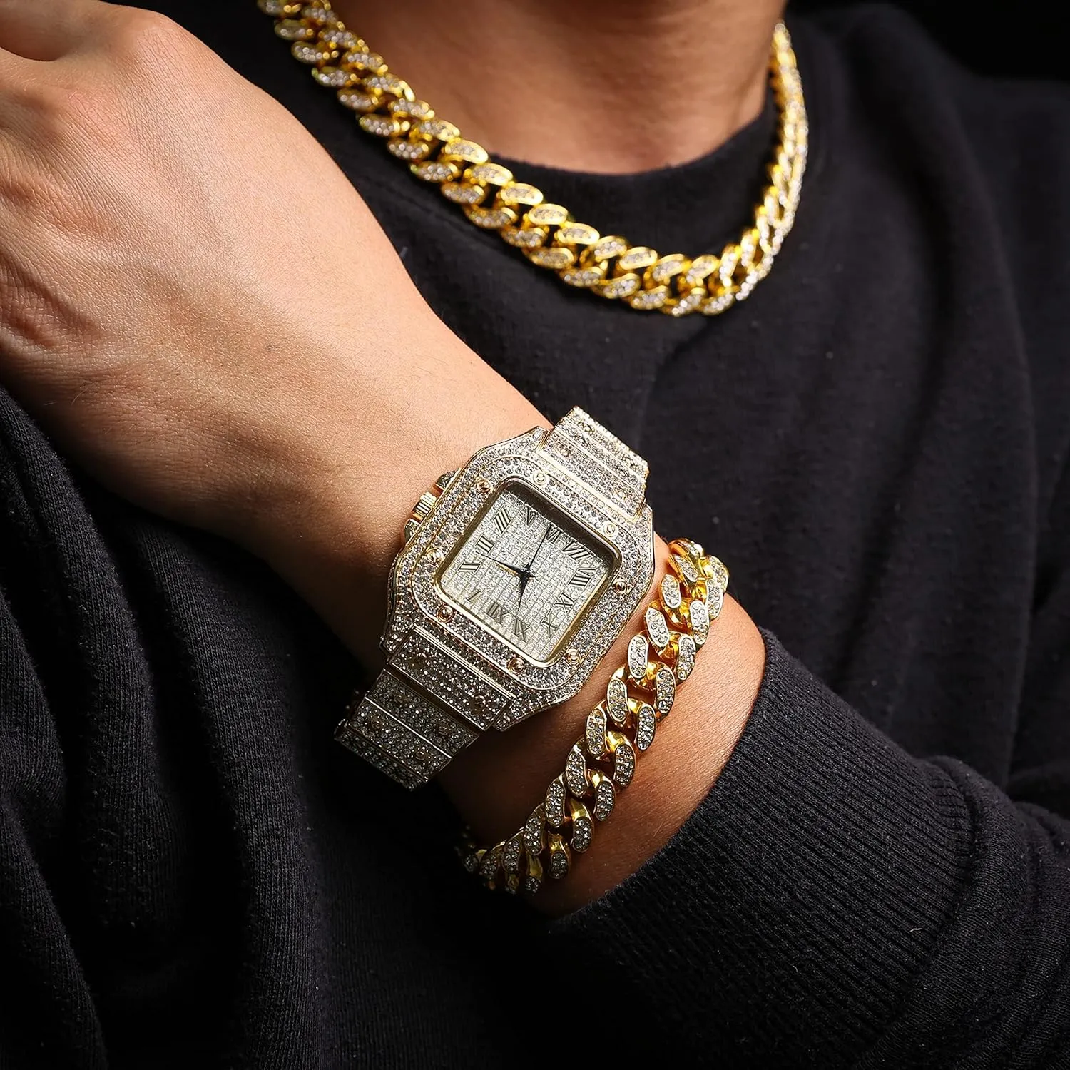 Halukakah Mens Watch - The King - 18K Gold/Platinum Plated, 40MM Square Dial, Iced Out Wristband, with Cuban Link Chain Necklace and Bracelet Set Optional, Comes in Giftbox