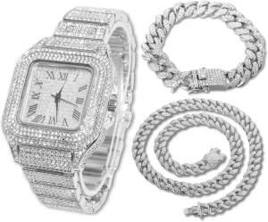 Halukakah Mens Watch - The King - 18K Gold/Platinum Plated, 40MM Square Dial, Iced Out Wristband, with Cuban Link Chain Necklace and Bracelet Set Optional, Comes in Giftbox