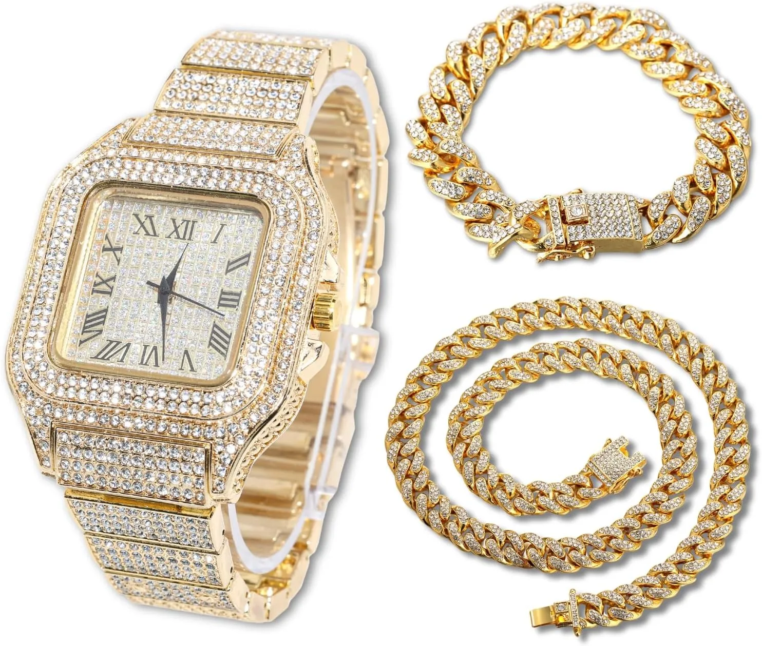 Halukakah Mens Watch - The King - 18K Gold/Platinum Plated, 40MM Square Dial, Iced Out Wristband, with Cuban Link Chain Necklace and Bracelet Set Optional, Comes in Giftbox