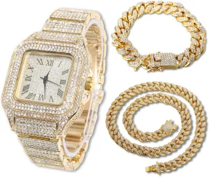 Halukakah Mens Watch - The King - 18K Gold/Platinum Plated, 40MM Square Dial, Iced Out Wristband, with Cuban Link Chain Necklace and Bracelet Set Optional, Comes in Giftbox