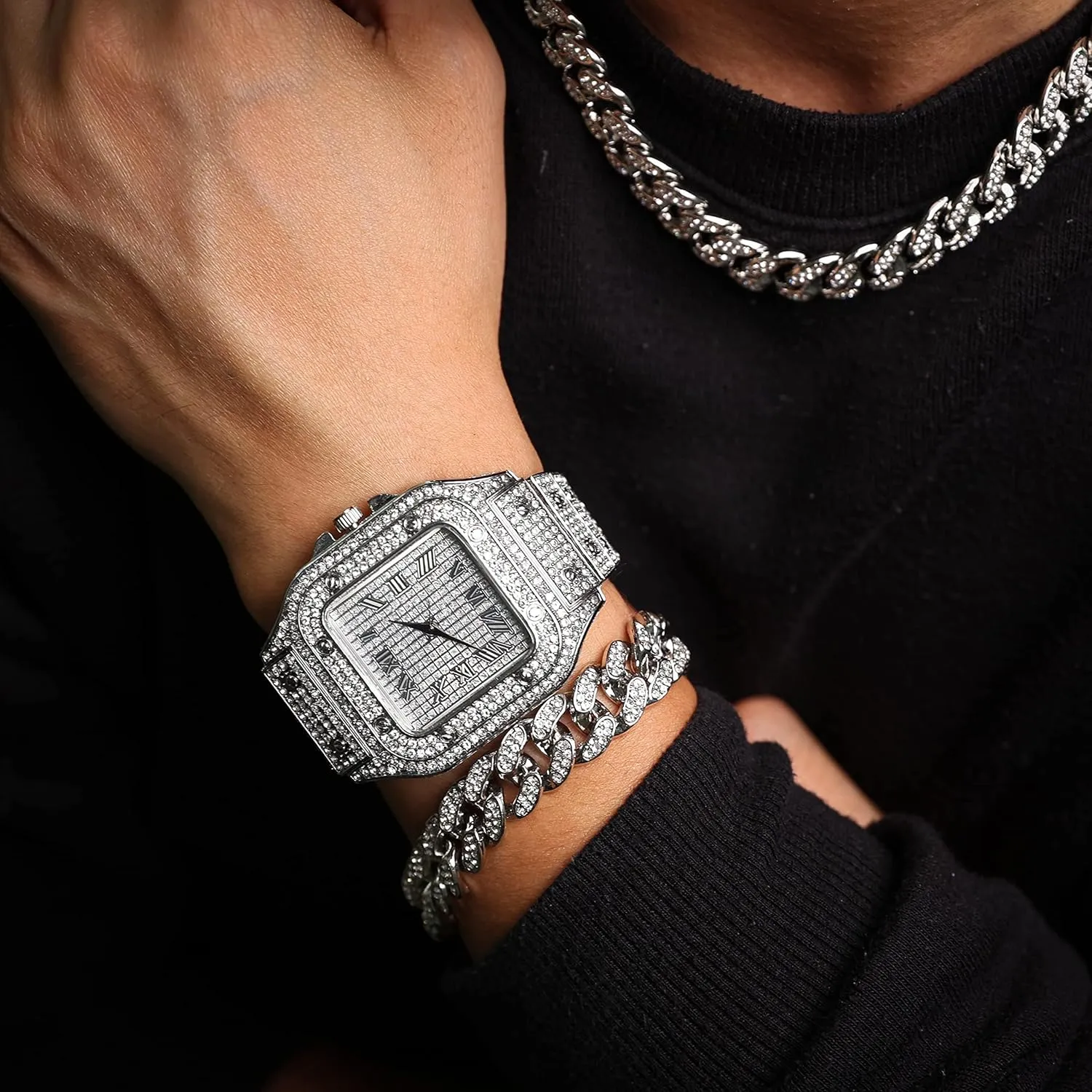 Halukakah Mens Watch - The King - 18K Gold/Platinum Plated, 40MM Square Dial, Iced Out Wristband, with Cuban Link Chain Necklace and Bracelet Set Optional, Comes in Giftbox