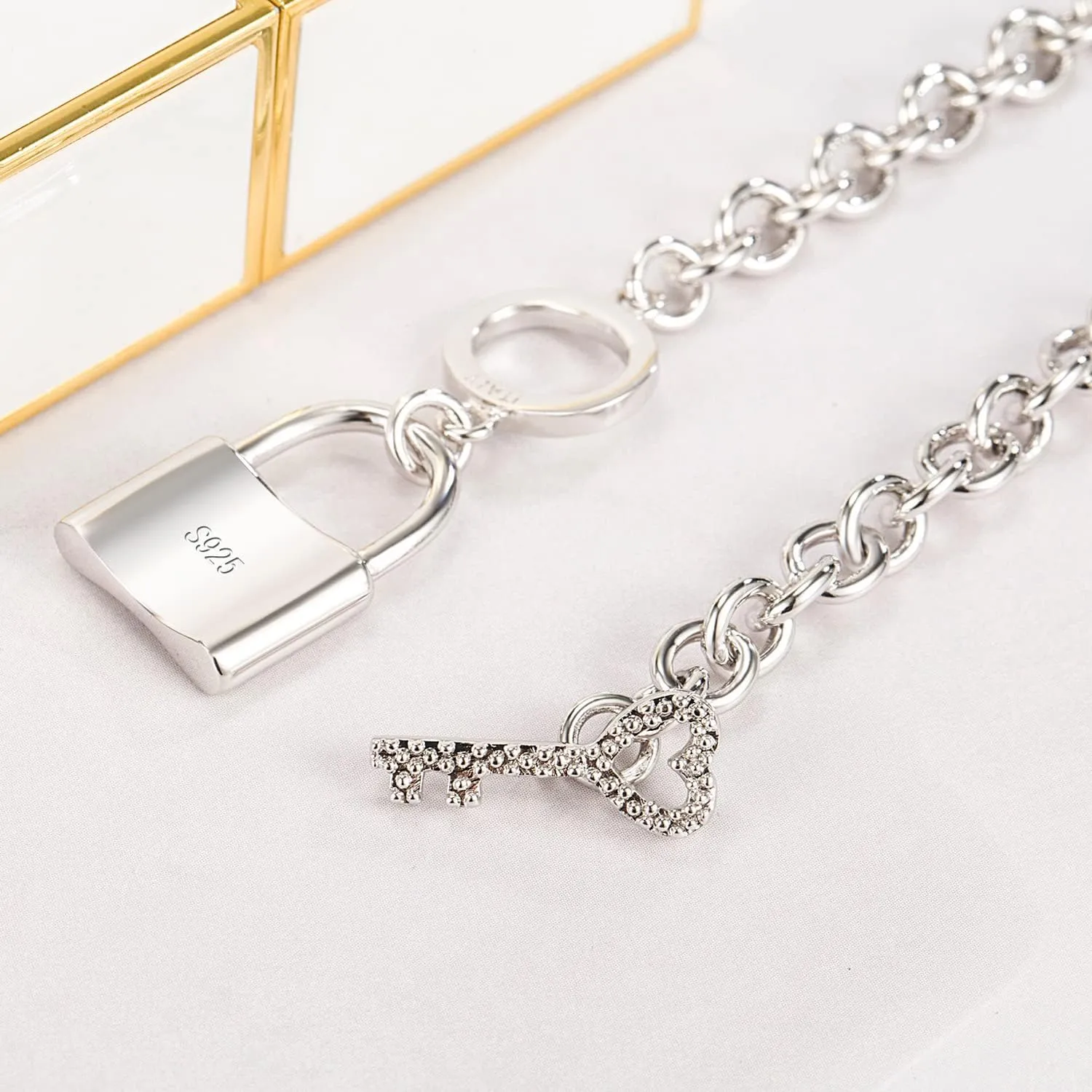 H&Beautimer Handmade in Italy - 925 Sterling Silver Necklace -Women's AAAAA CZ Zircon Heart/Lock Pendant Necklace Rolo Chain 18,20 Inch - Charm Jewelry - Birthday Gift