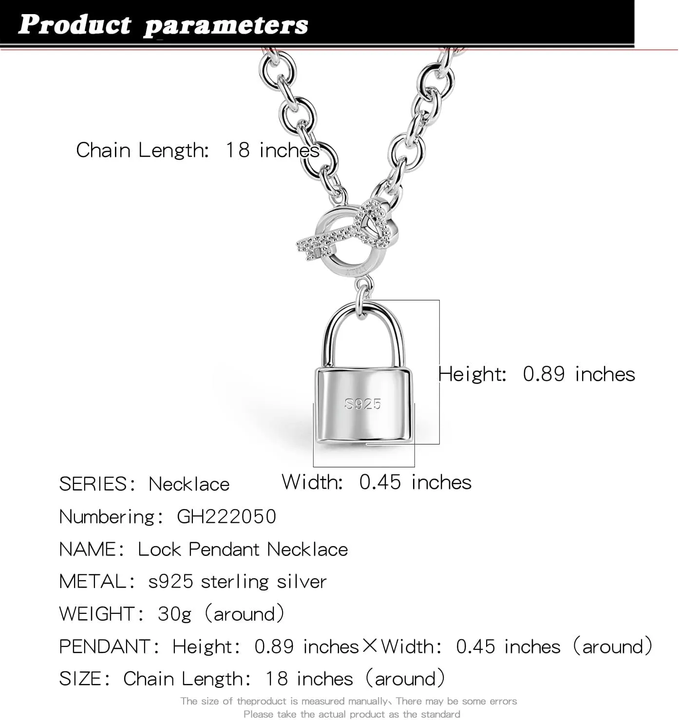 H&Beautimer Handmade in Italy - 925 Sterling Silver Necklace -Women's AAAAA CZ Zircon Heart/Lock Pendant Necklace Rolo Chain 18,20 Inch - Charm Jewelry - Birthday Gift