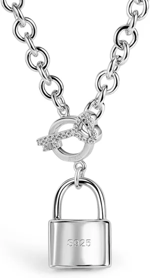 H&Beautimer Handmade in Italy - 925 Sterling Silver Necklace -Women's AAAAA CZ Zircon Heart/Lock Pendant Necklace Rolo Chain 18,20 Inch - Charm Jewelry - Birthday Gift