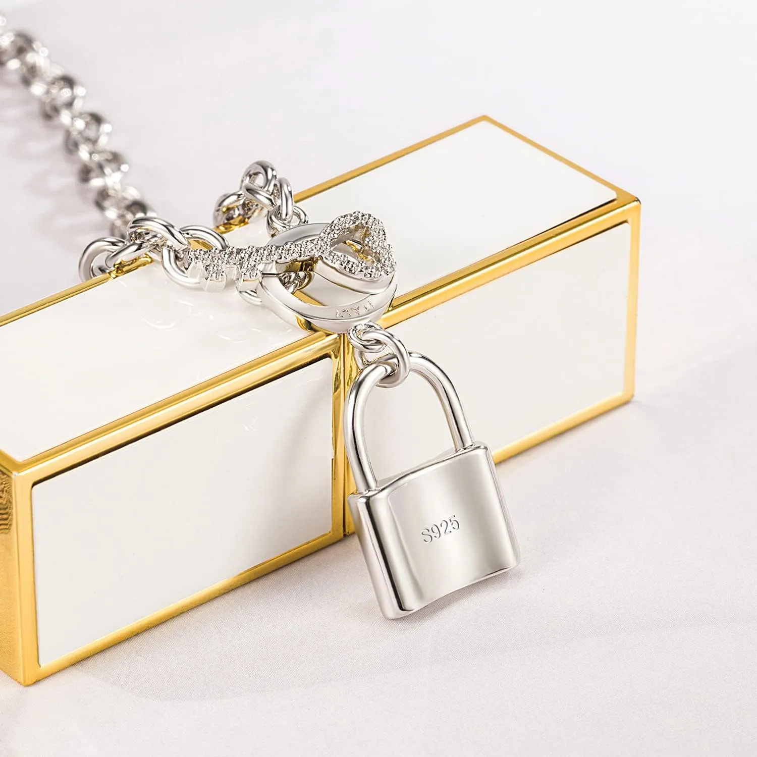 H&Beautimer Handmade in Italy - 925 Sterling Silver Necklace -Women's AAAAA CZ Zircon Heart/Lock Pendant Necklace Rolo Chain 18,20 Inch - Charm Jewelry - Birthday Gift