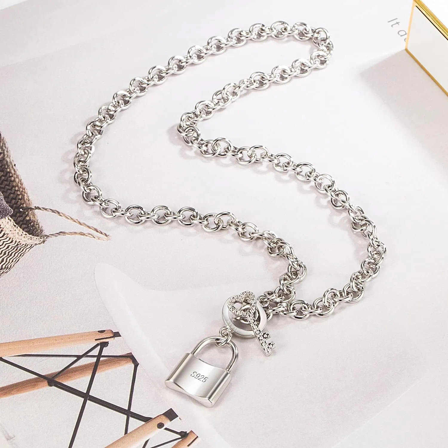 H&Beautimer Handmade in Italy - 925 Sterling Silver Necklace -Women's AAAAA CZ Zircon Heart/Lock Pendant Necklace Rolo Chain 18,20 Inch - Charm Jewelry - Birthday Gift