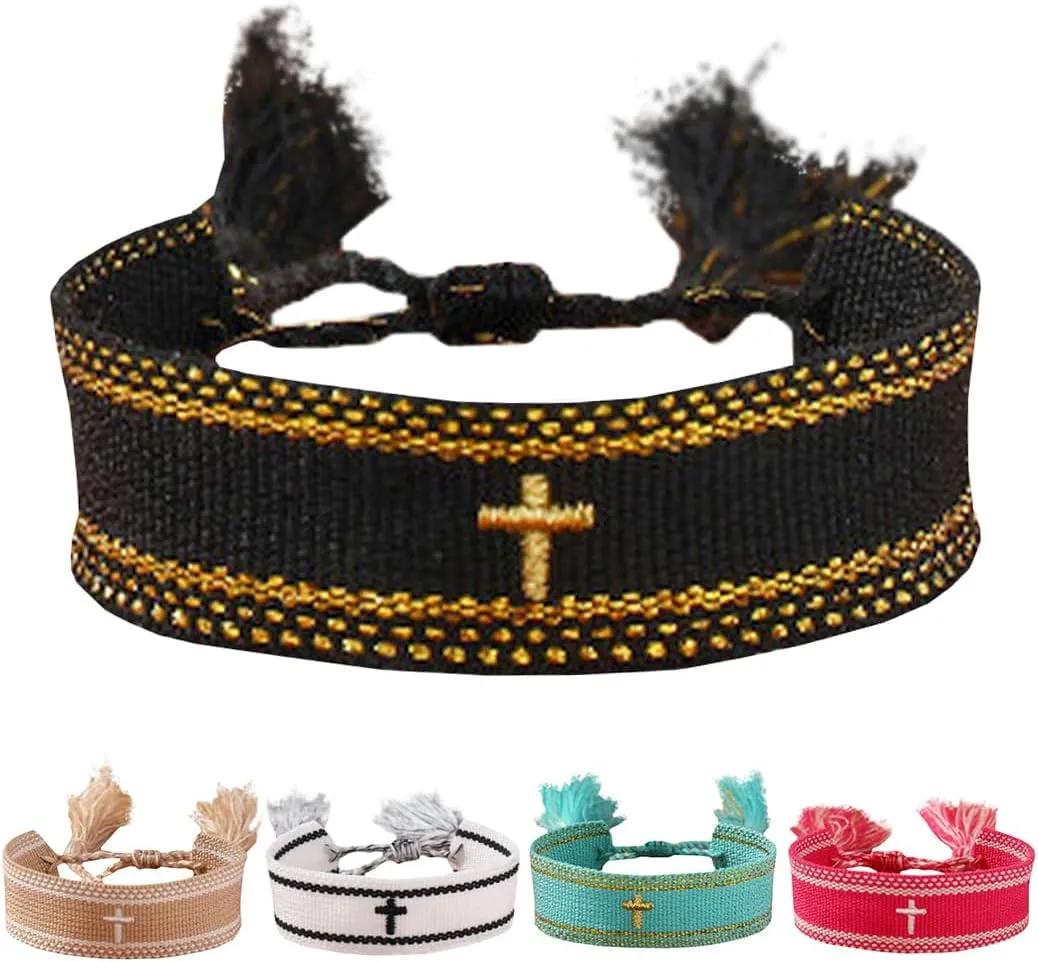 Handmade Embroidered Christian Bracelet - Adjustable Cross Bracelet with Woven Wristband- Unique Religious Jewelry Gift for Baptisms