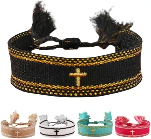Handmade Embroidered Christian Bracelet - Adjustable Cross Bracelet with Woven Wristband- Unique Religious Jewelry Gift for Baptisms
