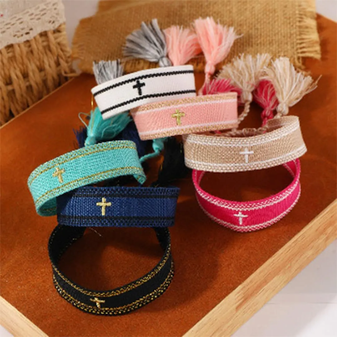 Handmade Embroidered Christian Bracelet - Adjustable Cross Bracelet with Woven Wristband- Unique Religious Jewelry Gift for Baptisms