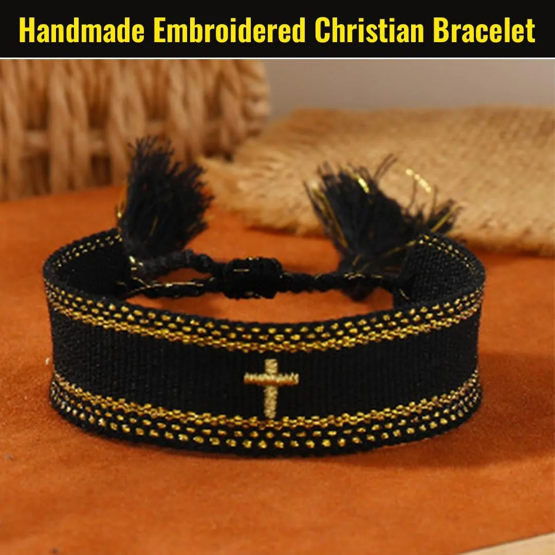 Handmade Embroidered Christian Bracelet - Adjustable Cross Bracelet with Woven Wristband- Unique Religious Jewelry Gift for Baptisms