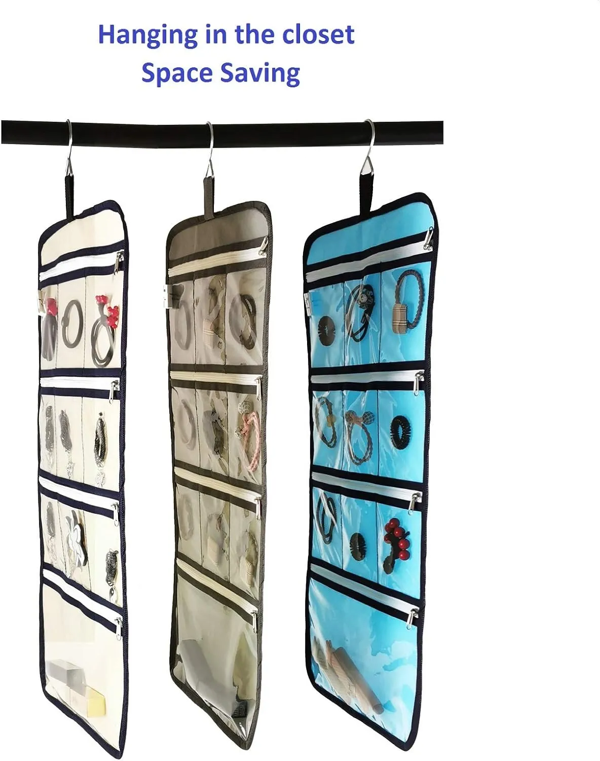 Hanging Jewelry Organizer with 10 Zippered Clear Pockets for Travel Suitcase and Home Closet Jewelry Storage Bag (BLUE)