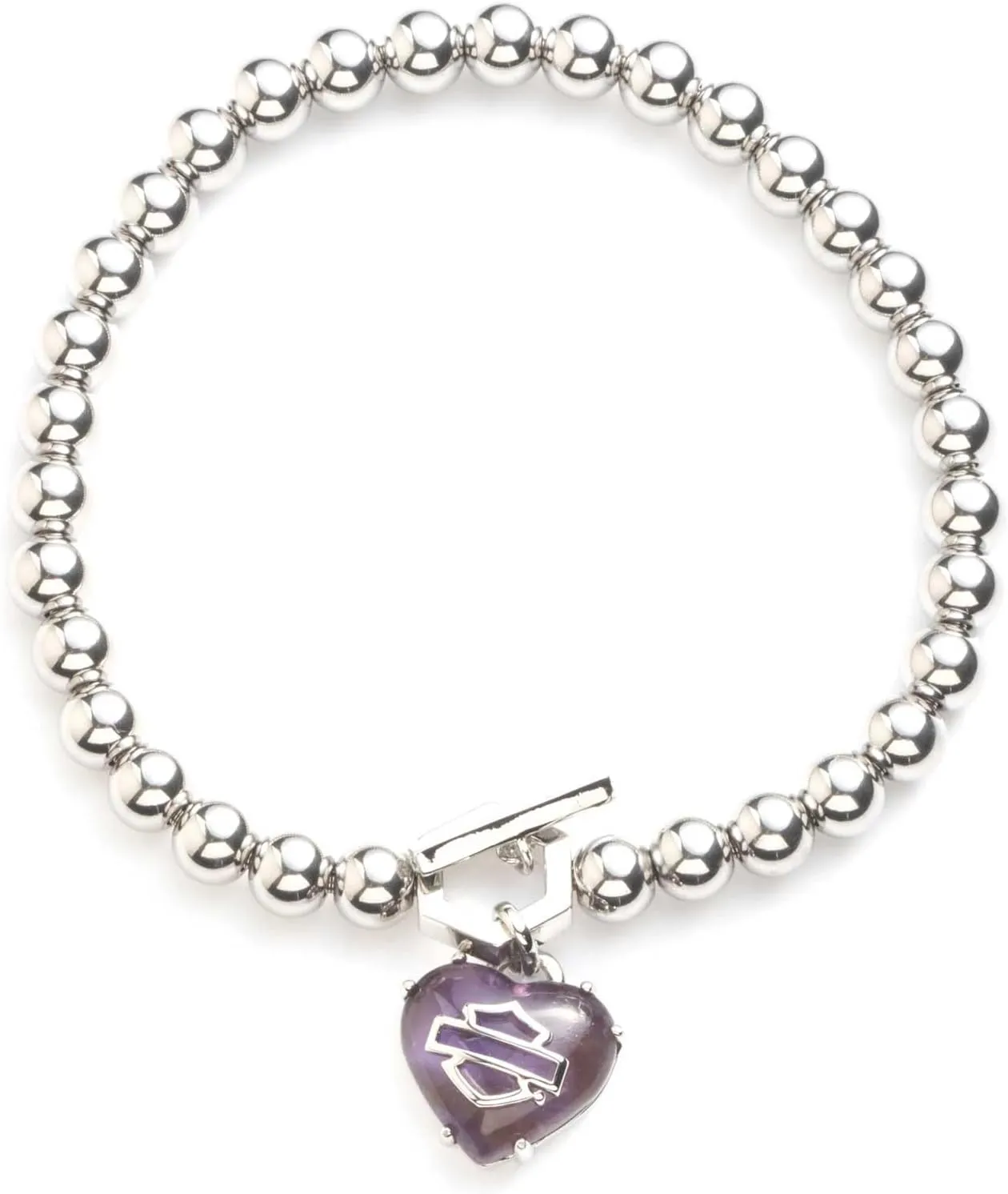 Harley-Davidson Womens Amethyst Bar & Shield Heart Stretch Bracelet - Silver