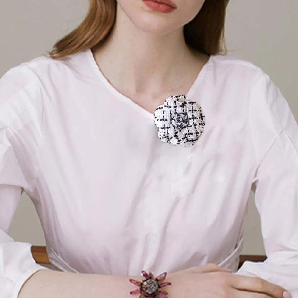 HEKEUOR Classic Camellia Brooch Pin Fabric Handmade Flower Pin for Men Women