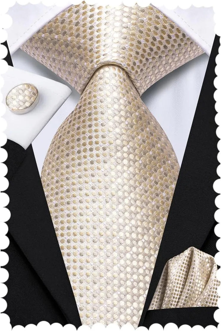 Hi-Tie Mens Plaid Ties Classic Paisley Necktie with Handkerchief Cufflinks Set Business Stripe Tie