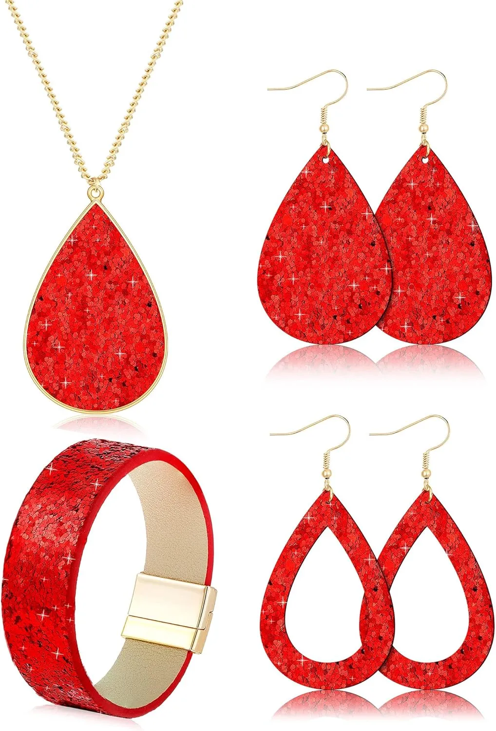 Hicarer Women's Glitter Jewelry Set, Include 2 Pieces Bridal Wedding Multi-Layer Bracelet 3 Pair Faux Leather Dangle Earrings 1 Piece Necklace for Women