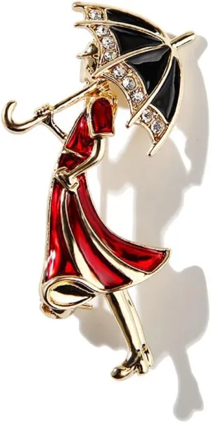 Hold Umbrella Lady Brooch Pin Cubic Zirconia Cartoon Enamel Pins Clip Suit Dress Coat Sweater Accessories Brooches Pins for Women Girls Cute Jewelry Gifts