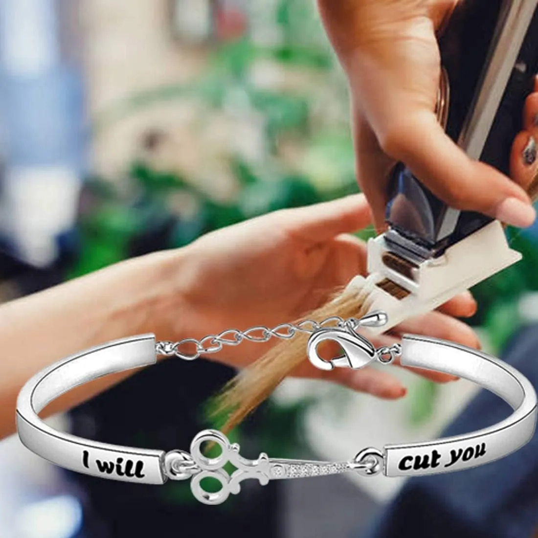 HOLLP Expandable Hairdresser Bracelet Hair Stylist Gift I Will Cut You Hairdresser Jewelry Scissor Bangle Bracelets with Comb Hair Drier Charm Graduation Gift