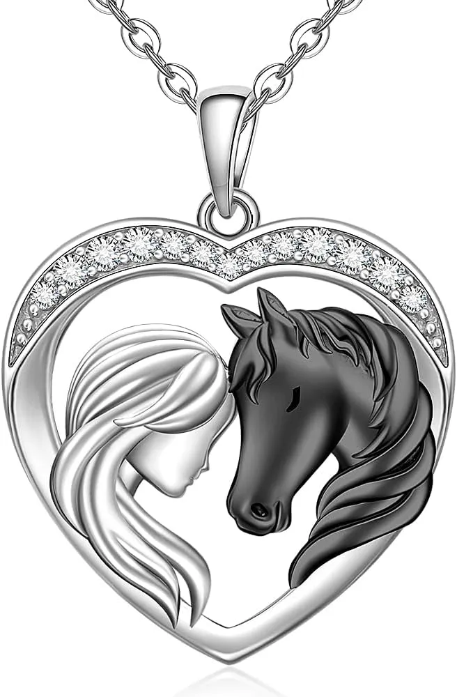 Horse Necklace for Women 925 Sterling Silver Black Horse Pendant Necklace Horses Gifts Heart Mothers Day Equestrian