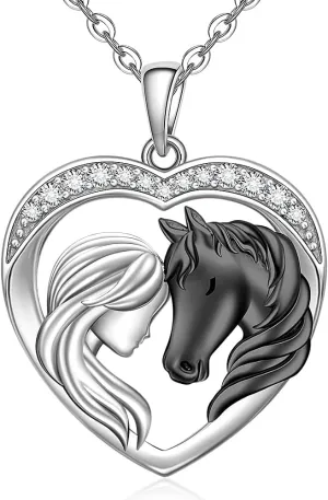 Horse Necklace for Women 925 Sterling Silver Black Horse Pendant Necklace Horses Gifts Heart Mothers Day Equestrian