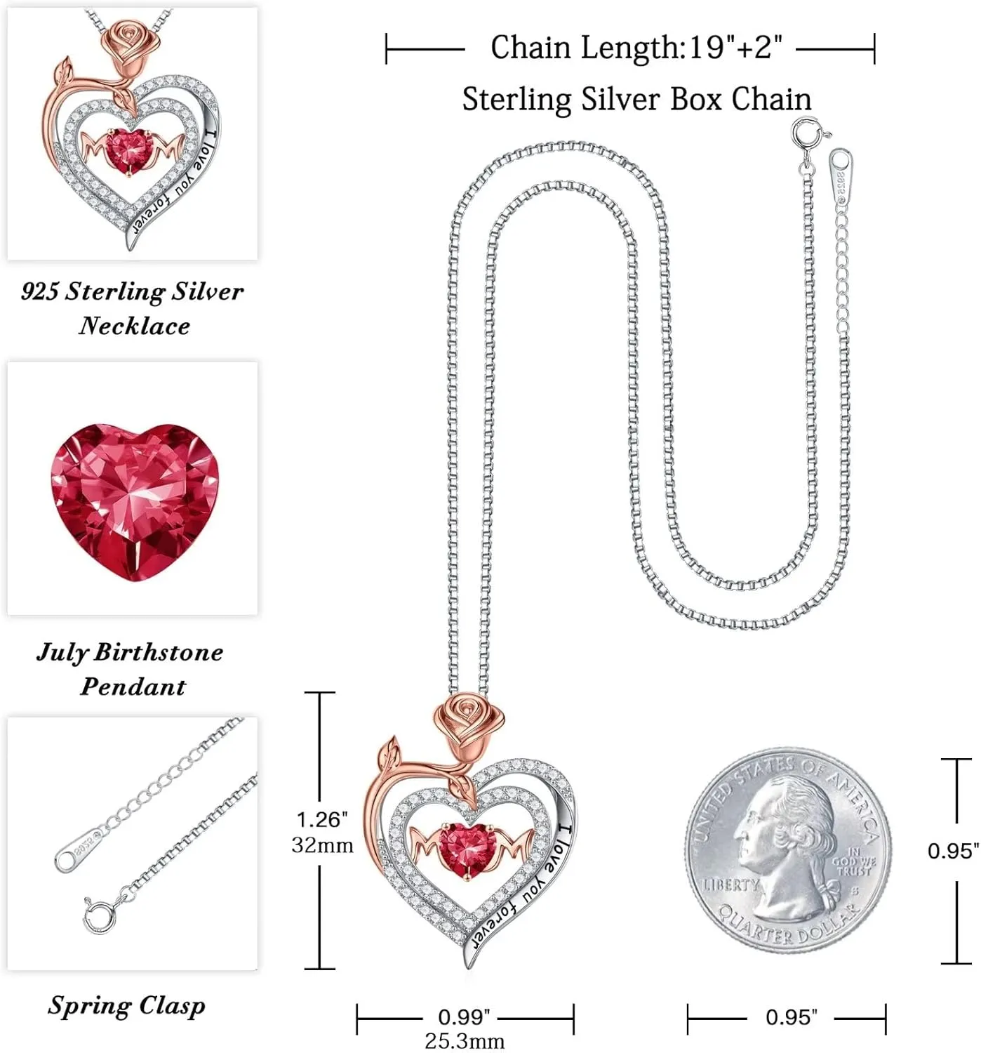 Iefil Rose Birthstone Gifts for Mom, S925 Sterling Silver Rose Heart Pendant Birthstone Necklace Mothers Day Valentines Day Birthday Jewelry Gifts for Mom