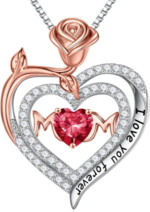 Iefil Rose Birthstone Gifts for Mom, S925 Sterling Silver Rose Heart Pendant Birthstone Necklace Mothers Day Valentines Day Birthday Jewelry Gifts for Mom