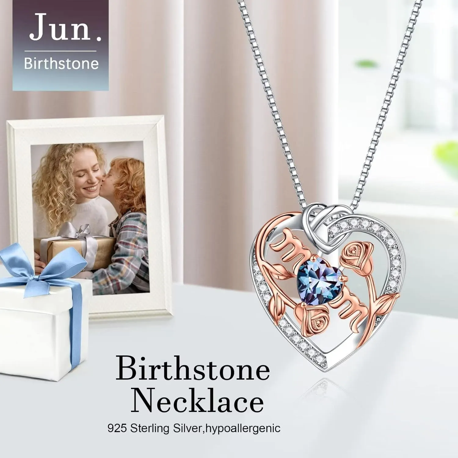 Iefil Rose Birthstone Gifts for Mom, S925 Sterling Silver Rose Heart Pendant Birthstone Necklace Mothers Day Valentines Day Birthday Jewelry Gifts for Mom