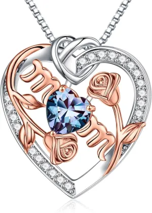 Iefil Rose Birthstone Gifts for Mom, S925 Sterling Silver Rose Heart Pendant Birthstone Necklace Mothers Day Valentines Day Birthday Jewelry Gifts for Mom