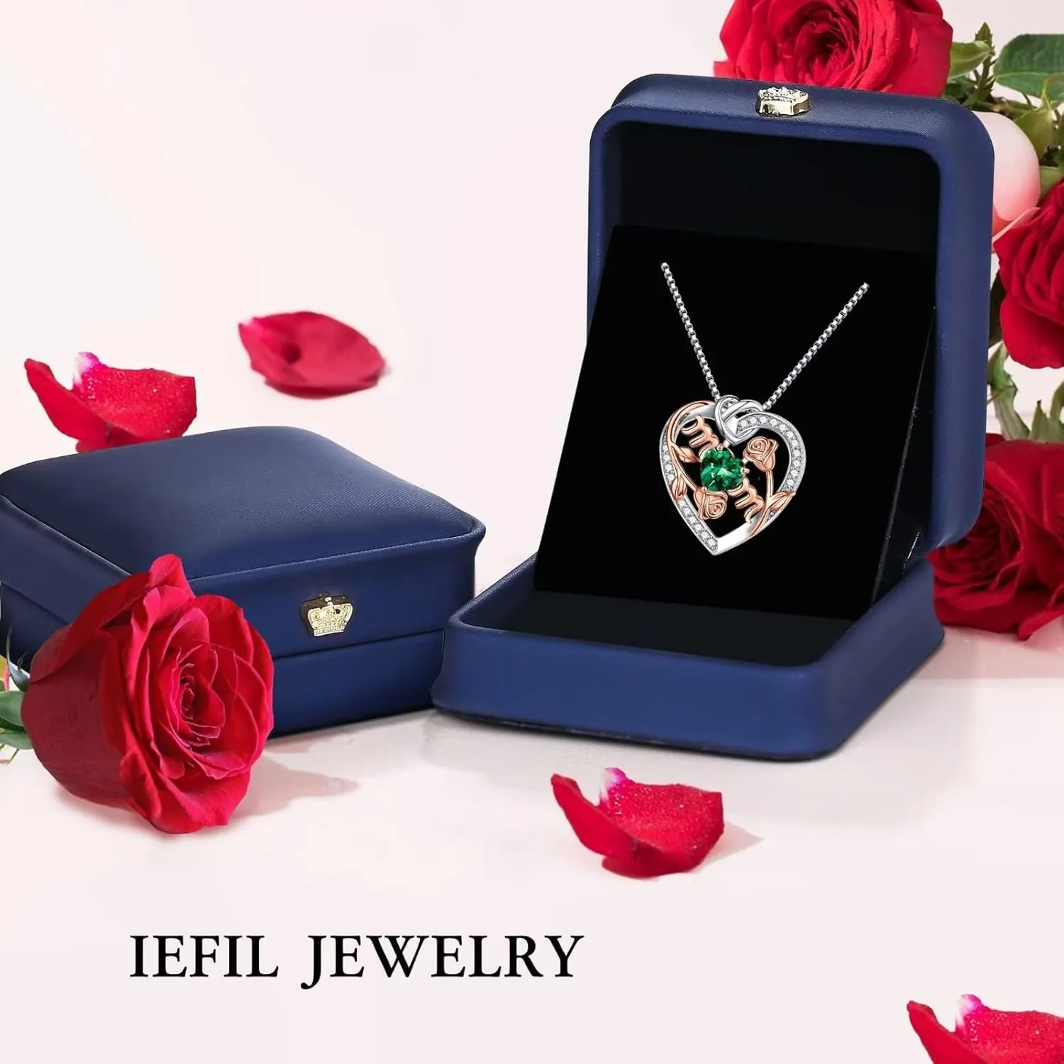 Iefil Rose Birthstone Gifts for Mom, S925 Sterling Silver Rose Heart Pendant Birthstone Necklace Mothers Day Valentines Day Birthday Jewelry Gifts for Mom