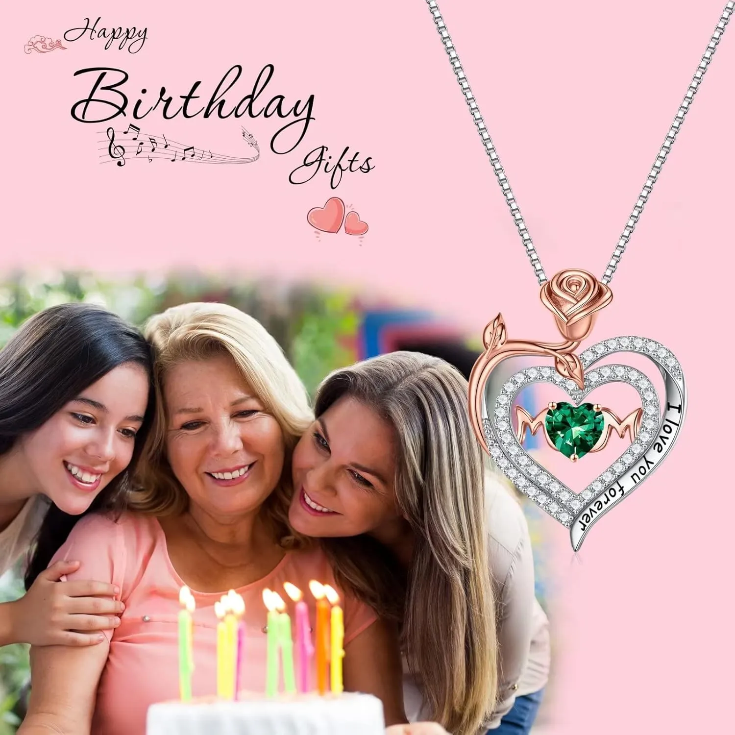 Iefil Rose Birthstone Gifts for Mom, S925 Sterling Silver Rose Heart Pendant Birthstone Necklace Mothers Day Valentines Day Birthday Jewelry Gifts for Mom