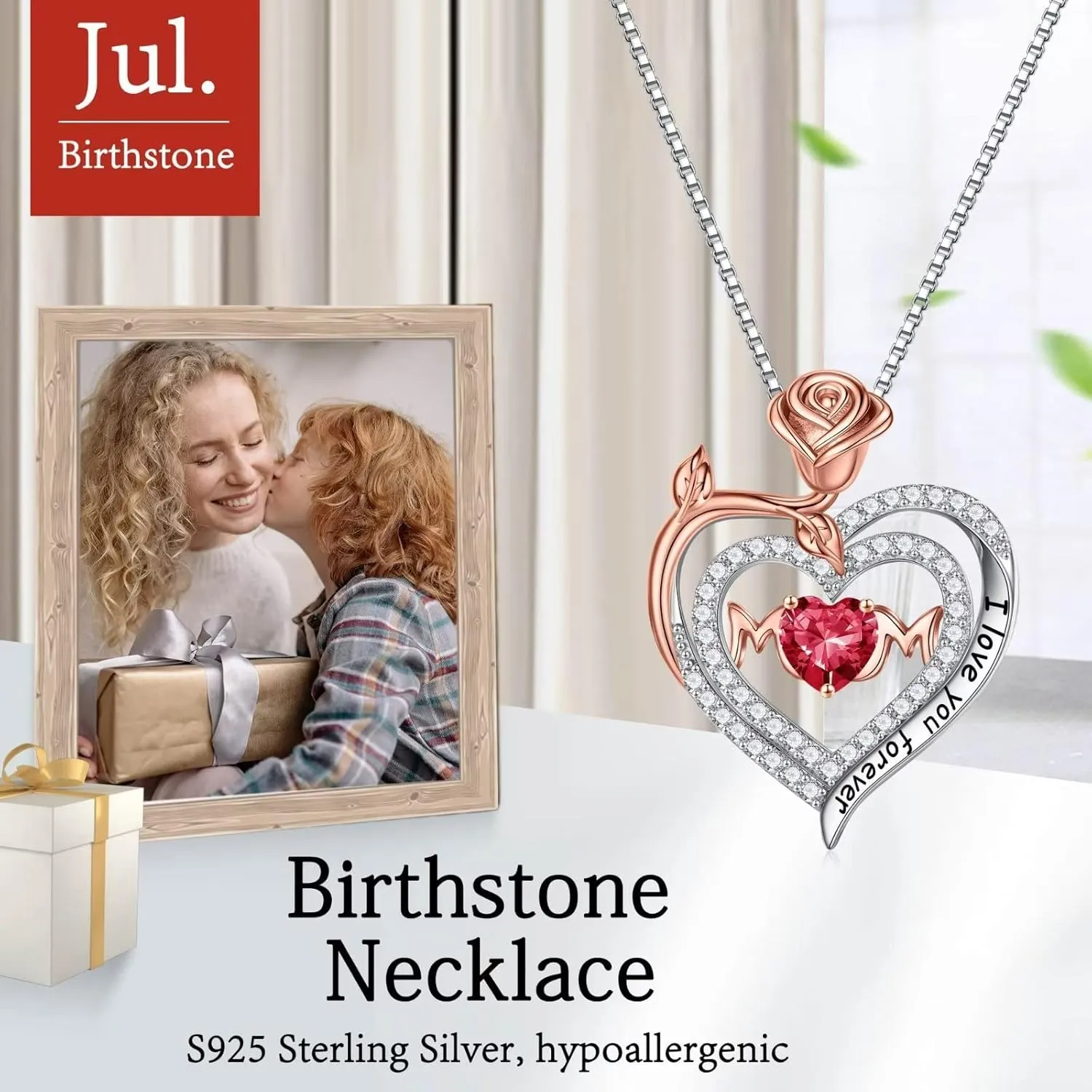 Iefil Rose Birthstone Gifts for Mom, S925 Sterling Silver Rose Heart Pendant Birthstone Necklace Mothers Day Valentines Day Birthday Jewelry Gifts for Mom